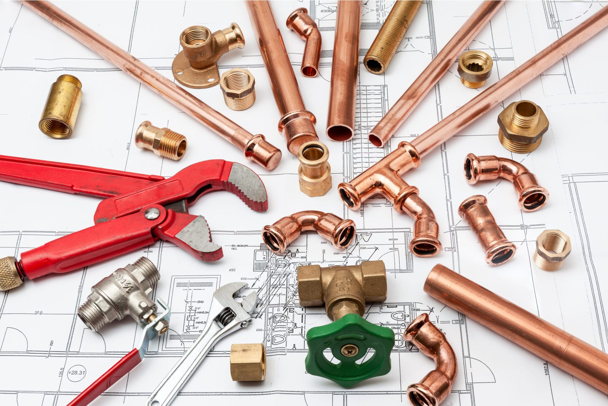 Copper pipes, fittings, valves, and plumbing tools in Plantation