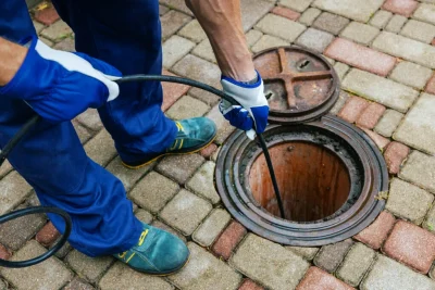Plumber cleaning an outdoor sewer drain in Plantation