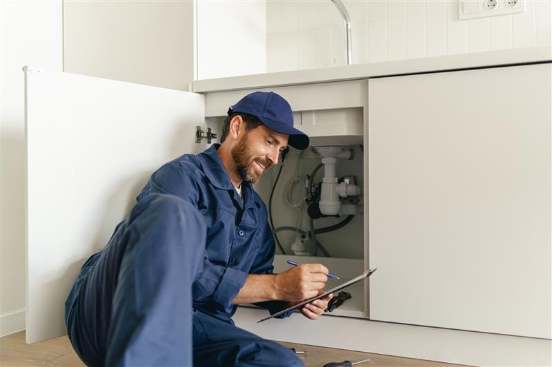 Residential plumber reviewing plumbing repairs in a Plantation kitchen