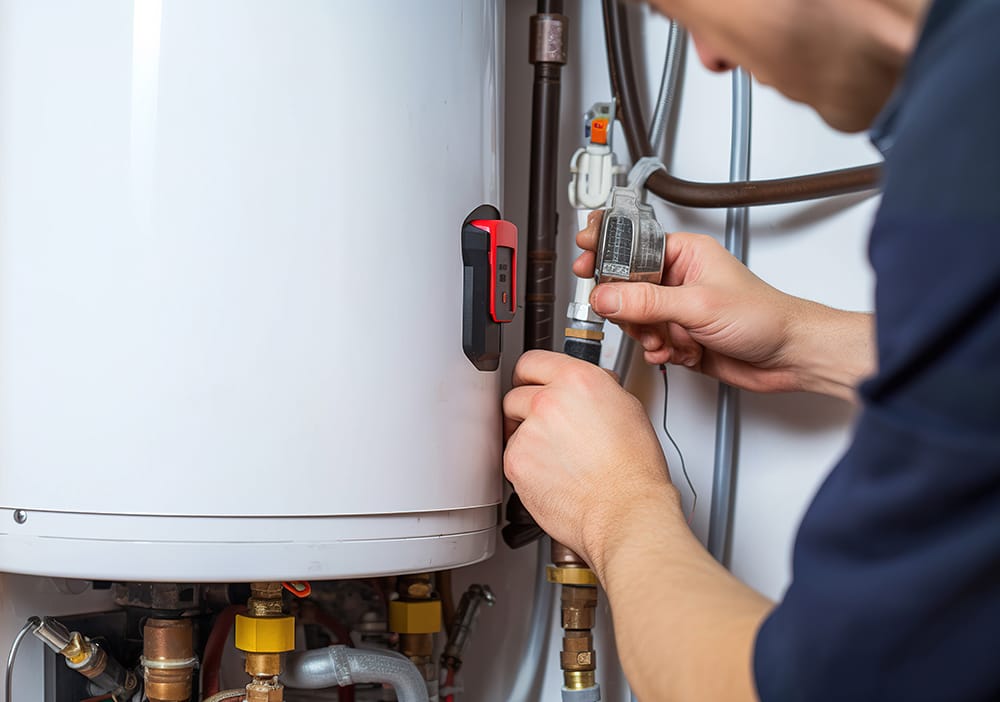 Technician repairing pipes connected to a water heater in Plantation